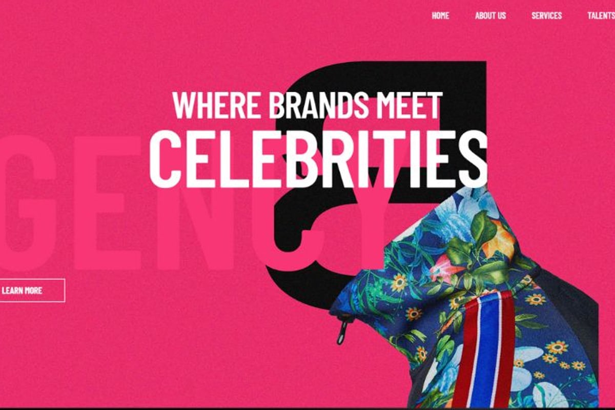 Afterthat Entertainments home page: Where brands meet celebrities in white type on a pink background