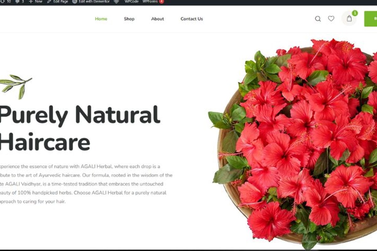 Agali Herbal store home page: Purely natural haircare beside a bowl of red hibiscus flowers