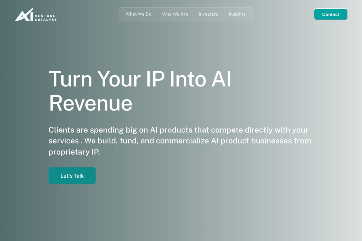 AI Venture Catalyst home page with the headline Turn Your IP Into AI Revenue