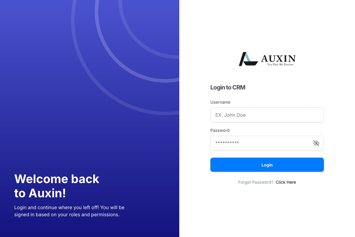 Auxin CRM sign-in screen at auxincrm.cloud: Welcome back to Auxin beside the Auxin logo and the login form
