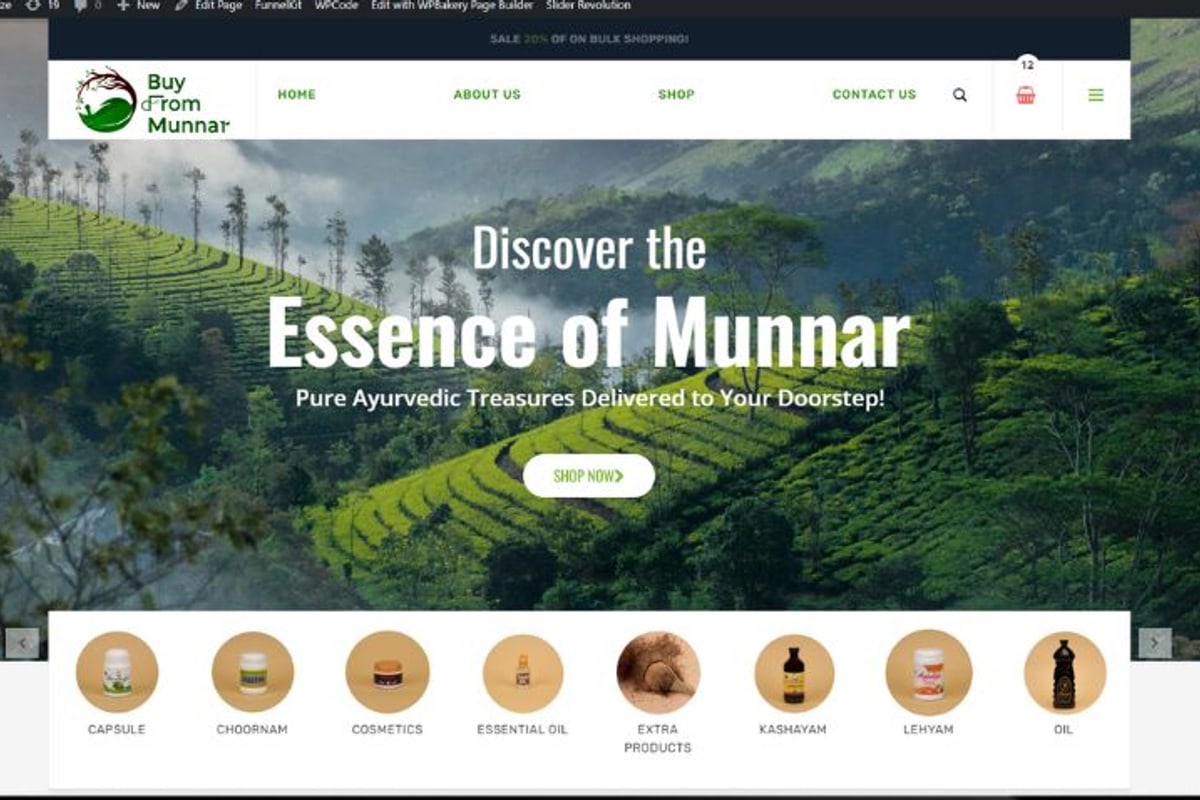 Buy From Munnar store home page: misty tea plantations under the headline Discover the Essence of Munnar, with a row of product categories