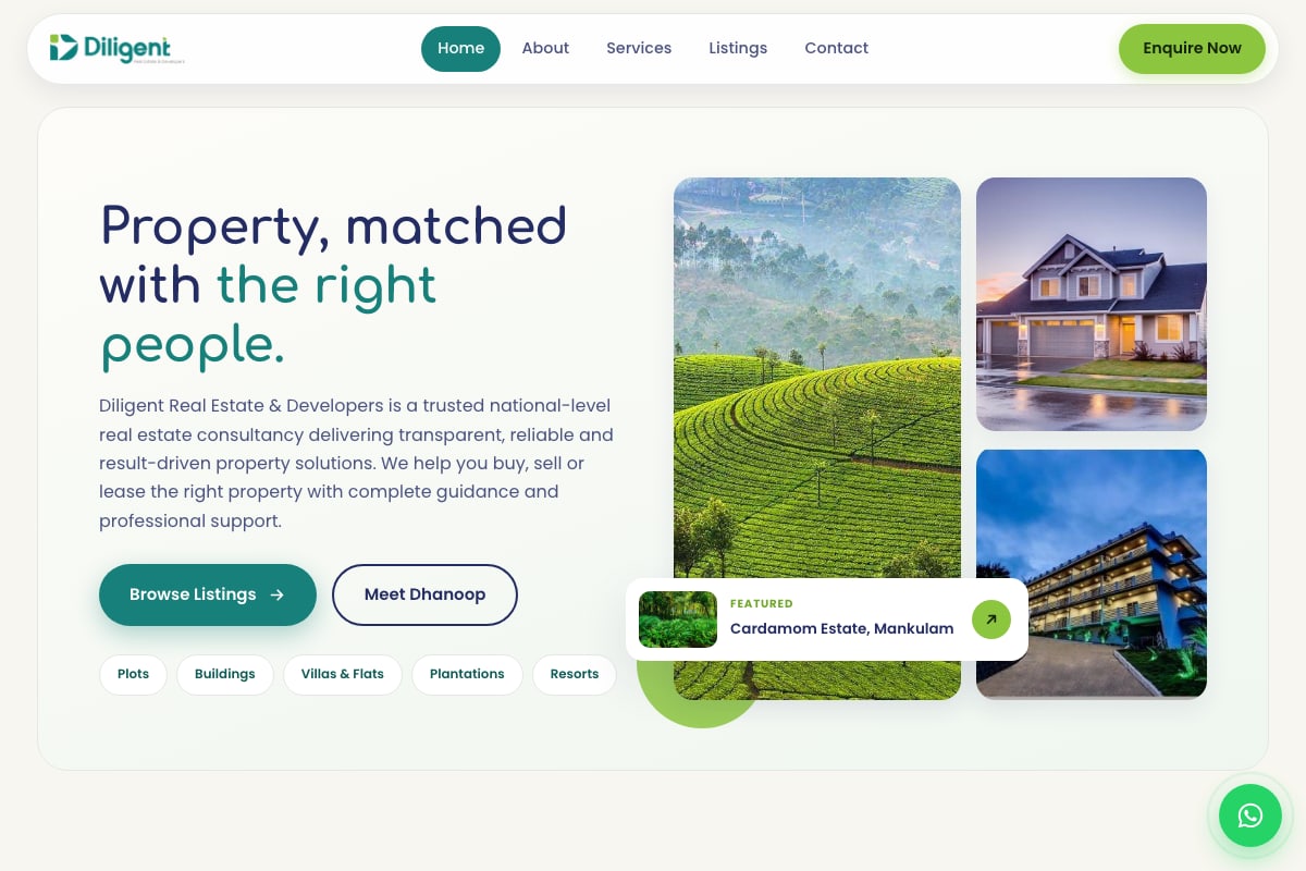 Diligent Real Estate and Developers home page: Property, matched with the right people, with listings and an enquiry form