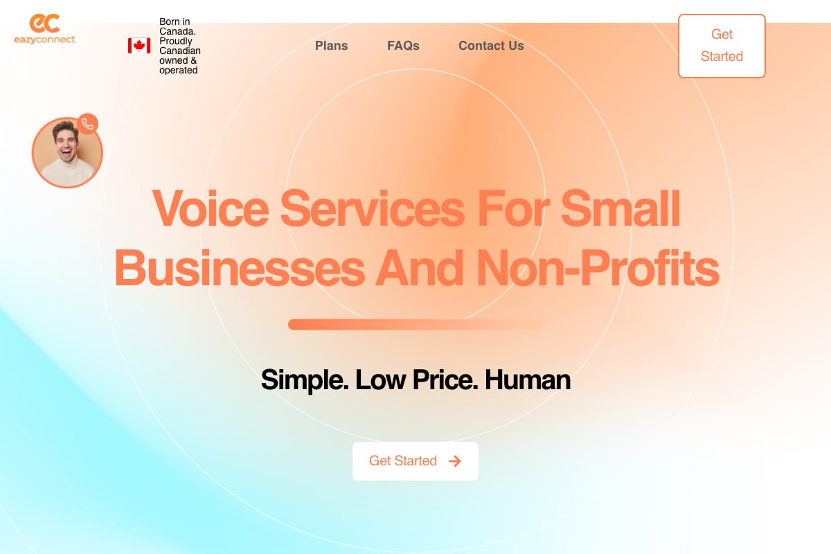 Eazyconnect home page: Voice services for small businesses and homes, Simple, Low price, Human