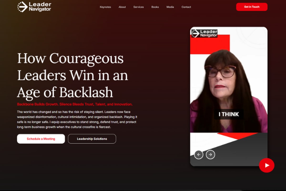 Leader Navigator home page: the headline How Courageous Leaders Win in an Age of Backlash beside a video of the speaker