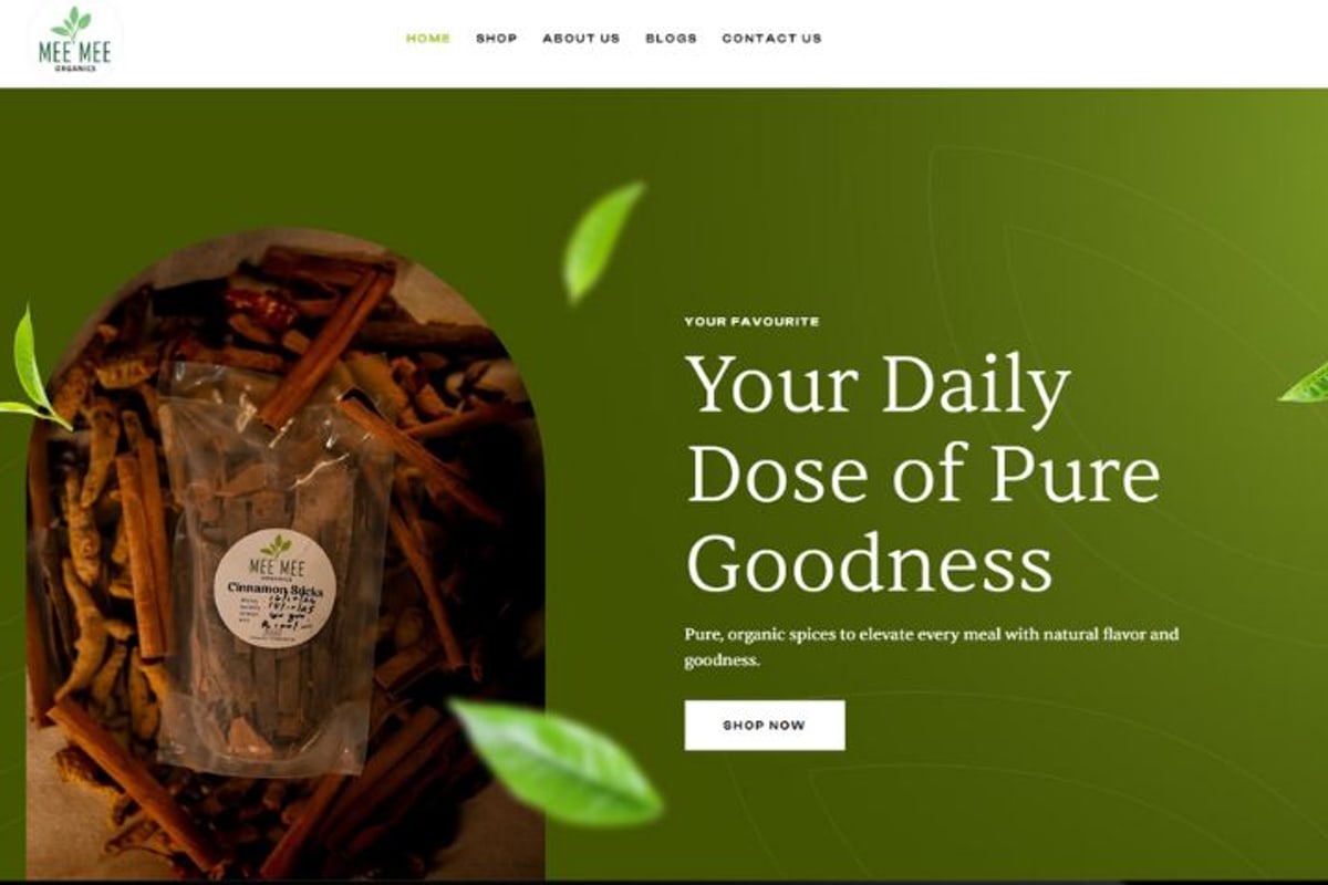 MeeMee Organics store home page: a pack of cinnamon sticks on a bed of spices beside the headline Your Daily Dose of Pure Goodness