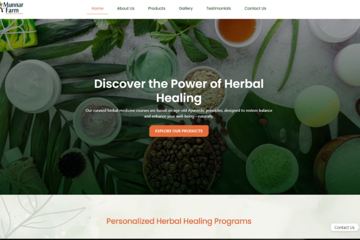 Munnar Farm store home page: herbs, creams and coffee beans around the headline Discover the Power of Herbal Healing