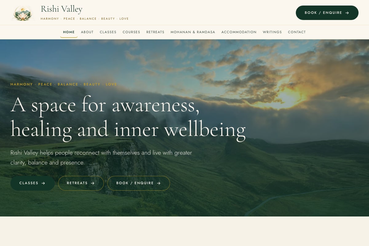 Rishi Valley home page: A space for awareness, healing and inner wellbeing, with classes, retreats and a Book or Enquire button