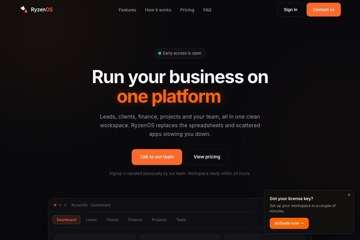 RyzenOS dashboard with pipeline, invoices and projects