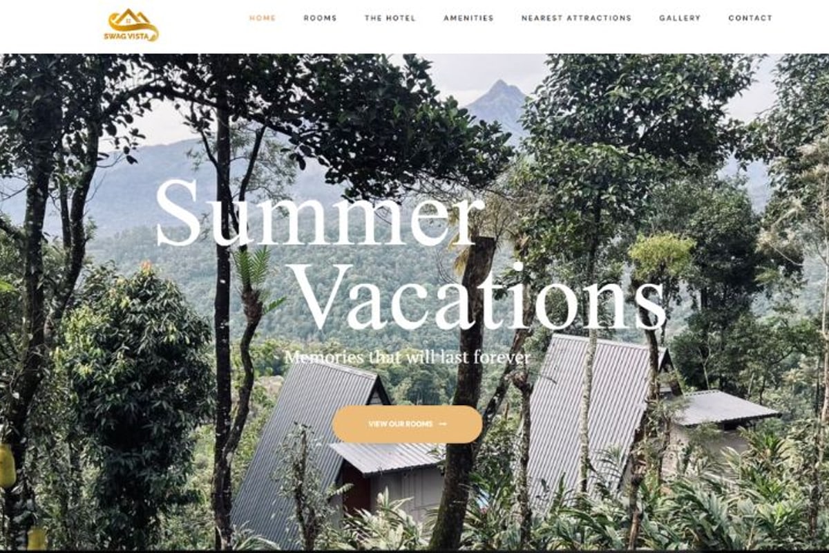 Swag Vista home page: A-frame cottages among trees in Munnar under the headline Summer Vacations