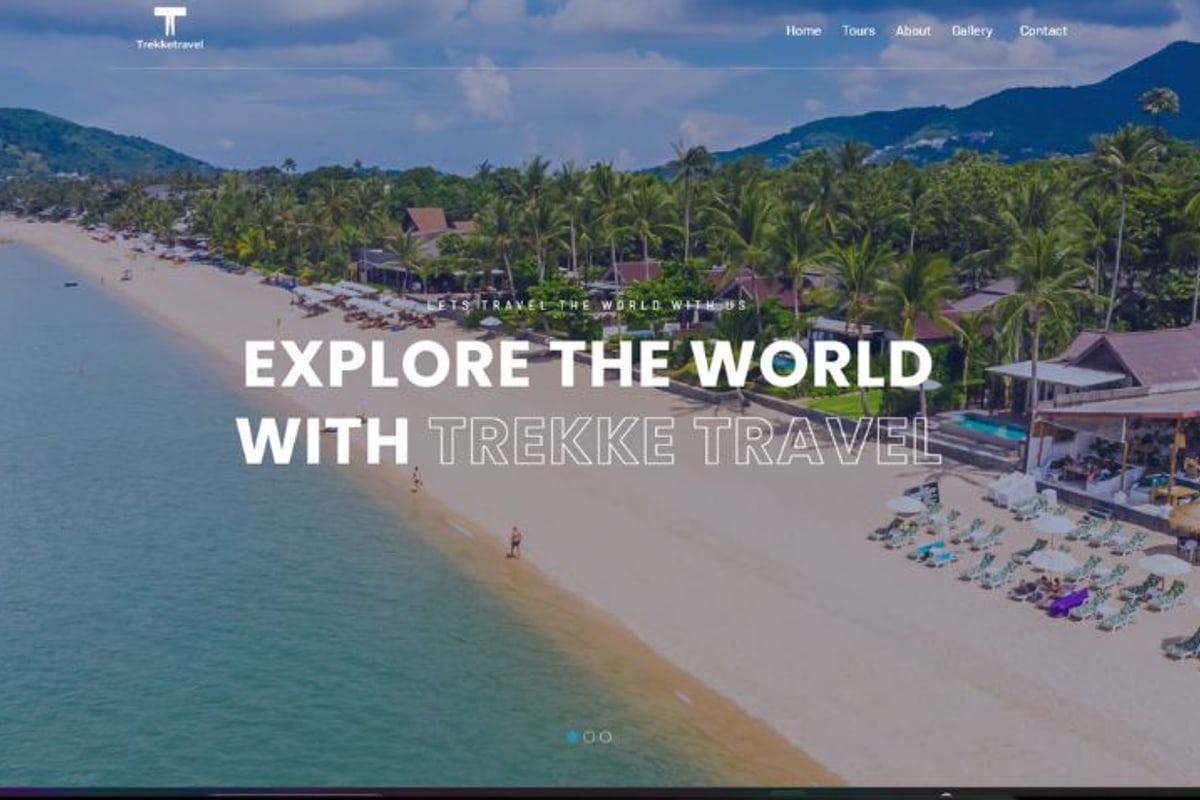 Trekke Travel home page: an aerial beach photo under the headline Explore the World with Trekke Travel