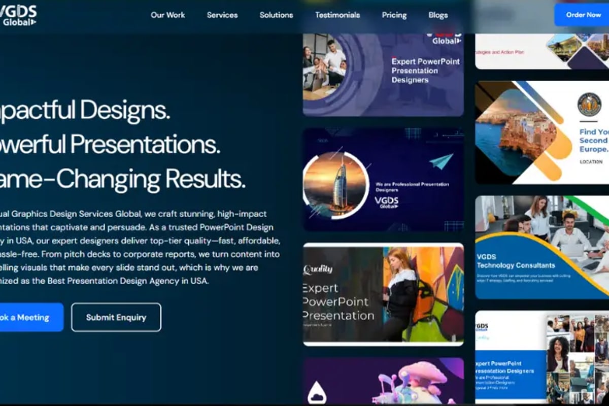 VGDS Global home page: the headline Impactful Designs, Powerful Presentations, Game-Changing Results beside a grid of presentation designs